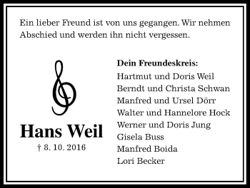 Traueranzeige von Hans Weil von Gießener Allgemeine, Alsfelder Allgemeine