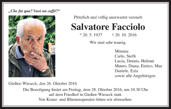 Traueranzeige von Salvatore Facciolo von Gießener Allgemeine, Alsfelder Allgemeine