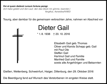 Traueranzeige von Dieter Gail von Gießener Allgemeine, Alsfelder Allgemeine