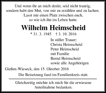 Traueranzeige von Wilhelm Heimscheid von Gießener Allgemeine, Alsfelder Allgemeine