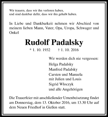 Traueranzeige von Rudolf Padalsky von Gießener Allgemeine, Alsfelder Allgemeine