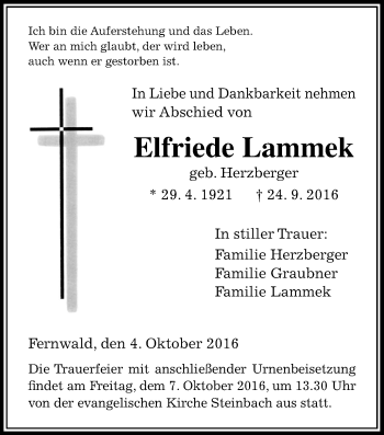 Traueranzeige von Elfriede Lammek von Gießener Allgemeine, Alsfelder Allgemeine