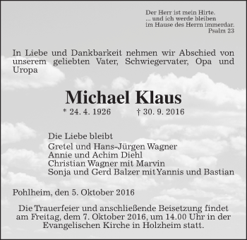 Traueranzeige von Michael Klaus von Gießener Allgemeine, Alsfelder Allgemeine