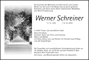 Traueranzeige von Werner Schreiner von Wetterauer Zeitung, Wetterauer Zeitung