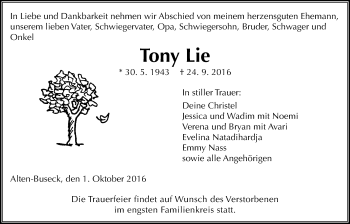 Traueranzeige von Tony Lie von Gießener Allgemeine, Alsfelder Allgemeine