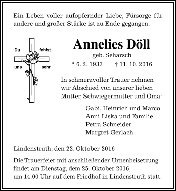 Traueranzeige von Annelies Döll von Gießener Allgemeine, Alsfelder Allgemeine