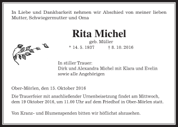 Traueranzeige von Rita Michel von Wetterauer Zeitung, Wetterauer Zeitung