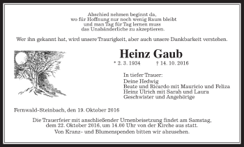 Traueranzeige von Heinz Gaub von Gießener Allgemeine, Alsfelder Allgemeine