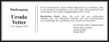 Traueranzeige von Ursula Vetter von Wetterauer Zeitung, Wetterauer Zeitung