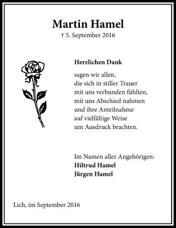 Traueranzeige von Martin Hamel von Gießener Allgemeine, Alsfelder Allgemeine