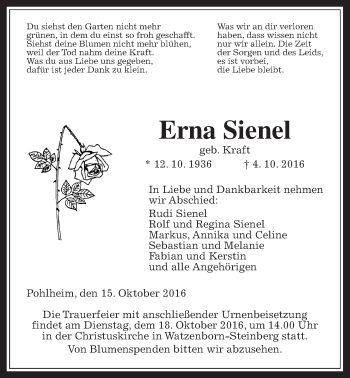 Traueranzeige von Erna Sienel von Gießener Allgemeine, Alsfelder Allgemeine