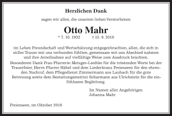 Traueranzeige von Otto Mahr von Gießener Allgemeine, Alsfelder Allgemeine