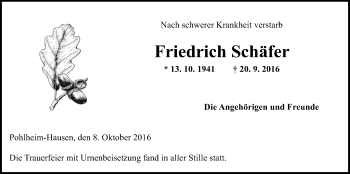 Traueranzeige von Friedrich Schäfer von Gießener Allgemeine, Alsfelder Allgemeine