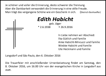 Traueranzeige von Edith Habicht von Licher Wochenblatt, Licher Wochenblatt, Licher Wochenblatt