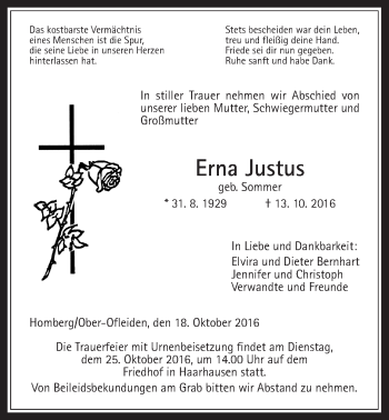 Traueranzeige von Erna Justus von Alsfelder Allgemeine