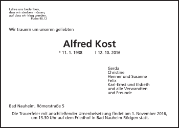 Traueranzeige von Alfred Kost von Wetterauer Zeitung, Wetterauer Zeitung