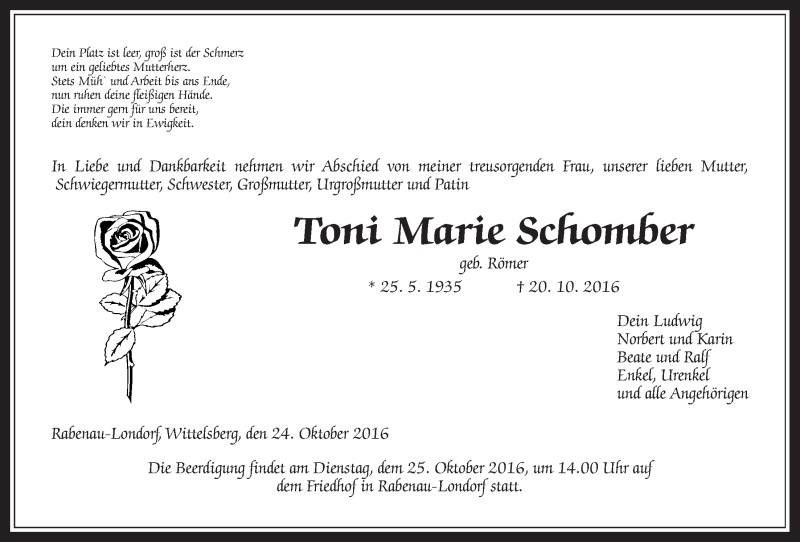  Traueranzeige für Toni Marie Schomber vom 24.10.2016 aus Gießener Allgemeine, Alsfelder Allgemeine