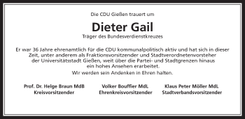 Traueranzeige von Dieter Gail von Gießener Allgemeine, Alsfelder Allgemeine