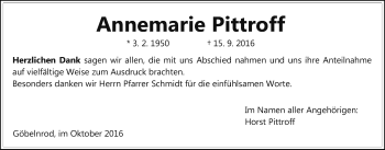 Traueranzeige von Annemarie Pittroff von Gießener Allgemeine, Alsfelder Allgemeine