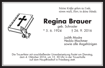 Traueranzeige von Regina Brauer von Wetterauer Zeitung, Wetterauer Zeitung