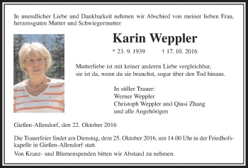 Traueranzeige von Karin Weppler von Gießener Allgemeine, Alsfelder Allgemeine