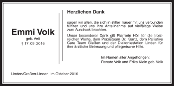Traueranzeige von Emmi Volk von Gießener Allgemeine, Alsfelder Allgemeine