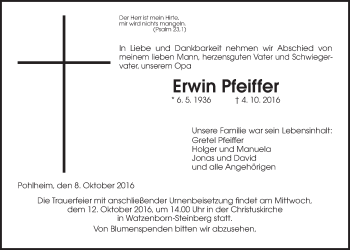 Traueranzeige von Erwin Pfeiffer von Gießener Allgemeine, Alsfelder Allgemeine