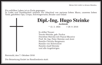 Traueranzeige von Hugo Steinke von Gießener Allgemeine, Alsfelder Allgemeine