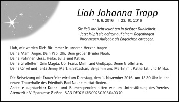 Traueranzeige von Liah Johanna Trapp von Wetterauer Zeitung, Wetterauer Zeitung