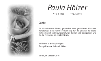 Traueranzeige von Paula Hölzer von Gießener Allgemeine, Alsfelder Allgemeine, Mücker Stimme