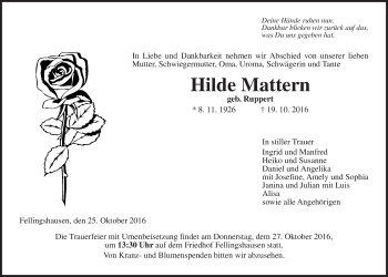 Traueranzeige von Hilde Mattern von Gießener Allgemeine, Alsfelder Allgemeine
