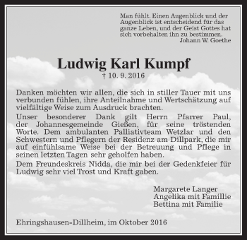 Traueranzeige von Ludwig Karl Kumpf von Gießener Allgemeine, Alsfelder Allgemeine