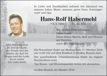 Traueranzeige von Hans-Rolf Habermehl von Gießener Allgemeine, Alsfelder Allgemeine