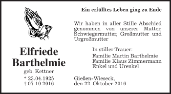 Traueranzeige von Elfriede Barthelmie von Gießener Allgemeine, Alsfelder Allgemeine