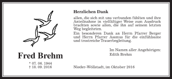 Traueranzeige von Fred Brehm von Wetterauer Zeitung, Wetterauer Zeitung
