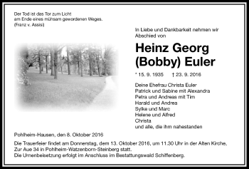 Traueranzeige von Heinz Georg Euler von Gießener Allgemeine, Alsfelder Allgemeine