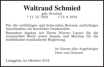 Traueranzeige von Waltraud Schmied von Gießener Allgemeine, Alsfelder Allgemeine