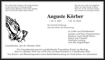 Traueranzeige von Auguste Körber von Gießener Allgemeine, Alsfelder Allgemeine