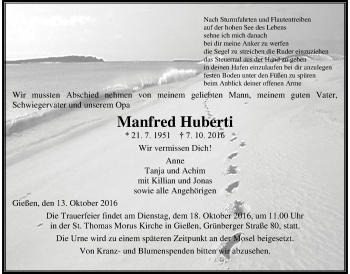 Traueranzeige von Manfred Huberti von Gießener Allgemeine, Alsfelder Allgemeine