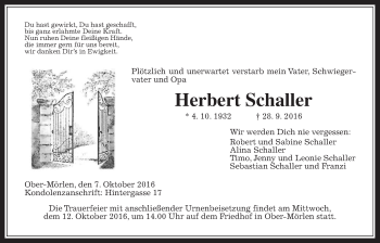 Traueranzeige von Herbert Schaller von Wetterauer Zeitung, Wetterauer Zeitung