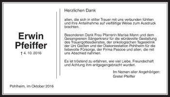 Traueranzeige von Erwin Pfeiffer von Gießener Allgemeine, Alsfelder Allgemeine