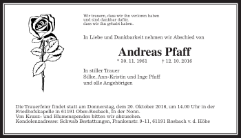 Traueranzeige von Andreas Pfaff von Wetterauer Zeitung, Wetterauer Zeitung