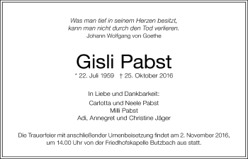 Traueranzeige von Gisli Pabst von Wetterauer Zeitung, Wetterauer Zeitung
