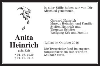 Traueranzeige von Anita Heinrich von Gießener Allgemeine, Alsfelder Allgemeine