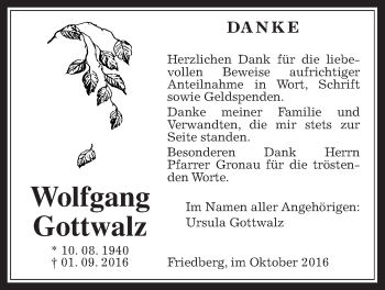 Traueranzeige von Wolfgang Gottwalz von Wetterauer Zeitung, Wetterauer Zeitung