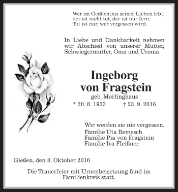 Traueranzeige von Ingeborg von Fragstein von Gießener Allgemeine, Alsfelder Allgemeine