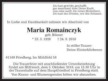 Traueranzeige von Maria Romainczyk von Wetterauer Zeitung, Wetterauer Zeitung