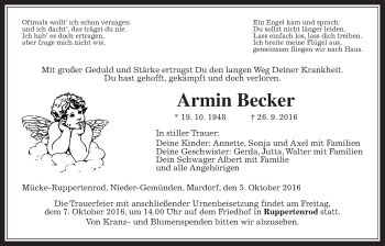 Traueranzeige von Armin Becker von Alsfelder Allgemeine