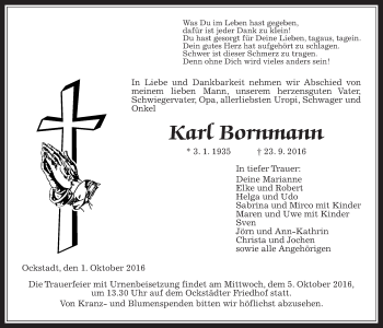 Traueranzeige von Karl Bornmann von Wetterauer Zeitung, Wetterauer Zeitung