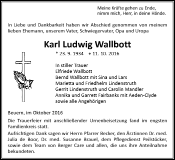 Traueranzeige von Karl Ludwig Wallbott von Gießener Allgemeine, Alsfelder Allgemeine
